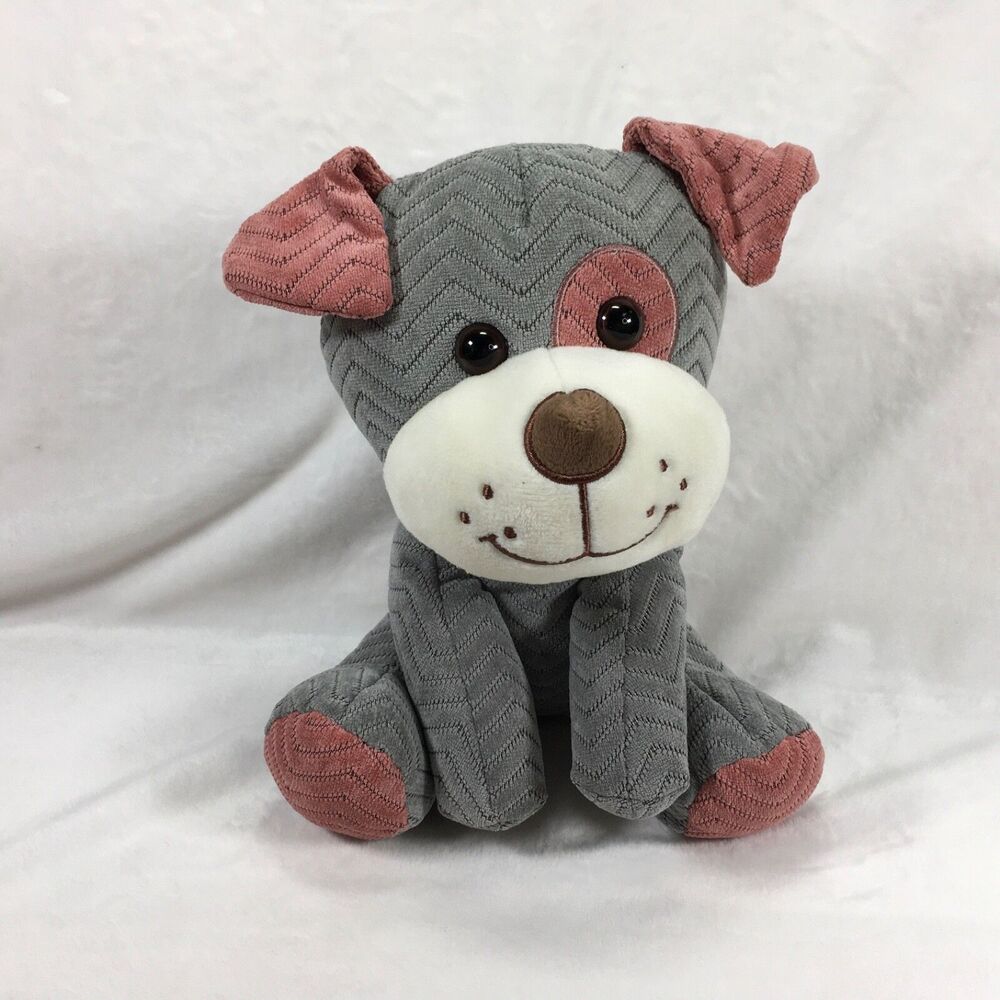 Hugfun Sitting Plush PUPPY DOG with CHEVRON DESIGN Texture Gray & Pink Toy 8.5"